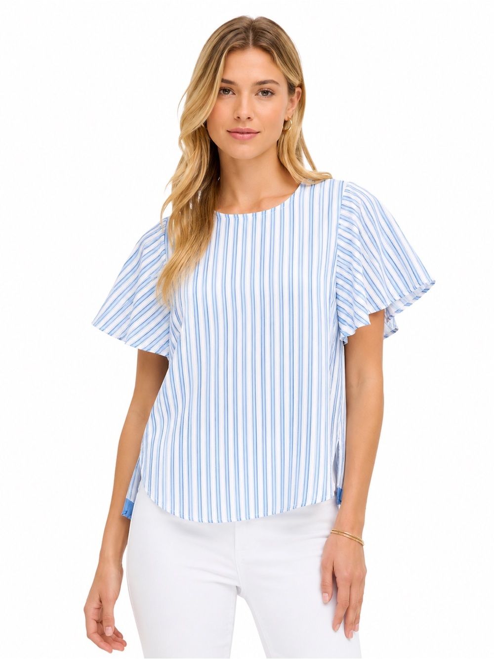 395. Vince Camuto Blue Stripe Flutter Sleeve Women's Top